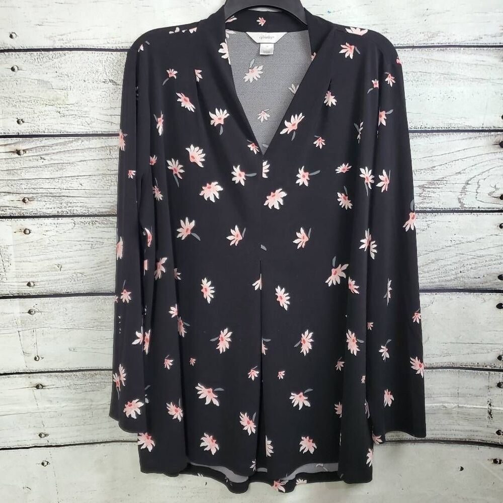 CJ Banks 1X Plus Black Floral LS Blouse